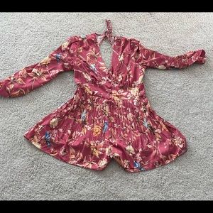 Satin floral bird pattern romper long sleeve cut out back